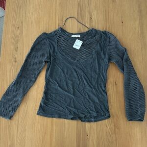 Free People We the Free gray long sleeve shirt with knit/mesh sleeves, size L